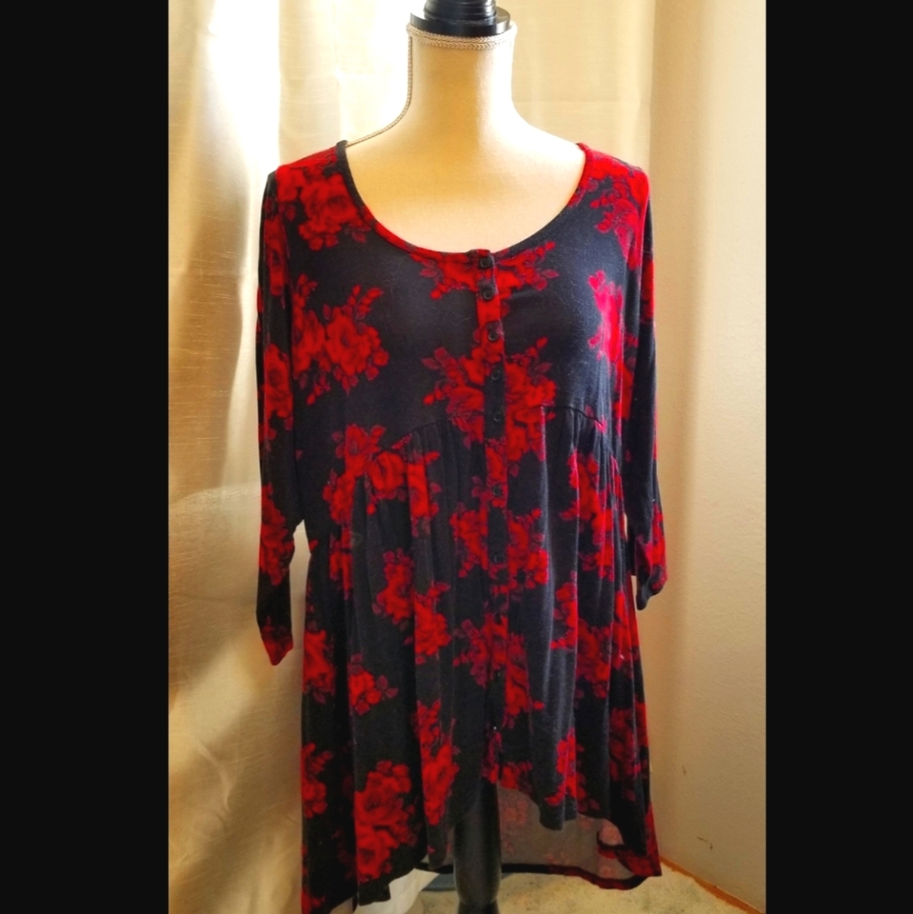 Blouse, Red flowers on Black
